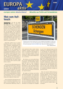 Titelseite der Mitgliedszeitschrift Europa aktiv mit einem Foto des Ortsschildes von Schengen und einem Artikel mit der Überschrift "Mut zum Aufbruch"